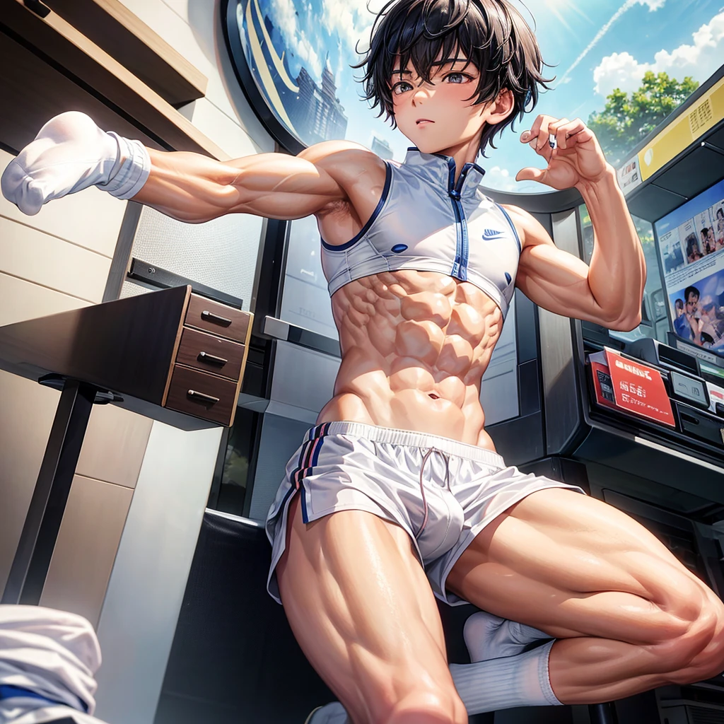 A Chinese boy、Showing off his abs in white socks and Nike socks