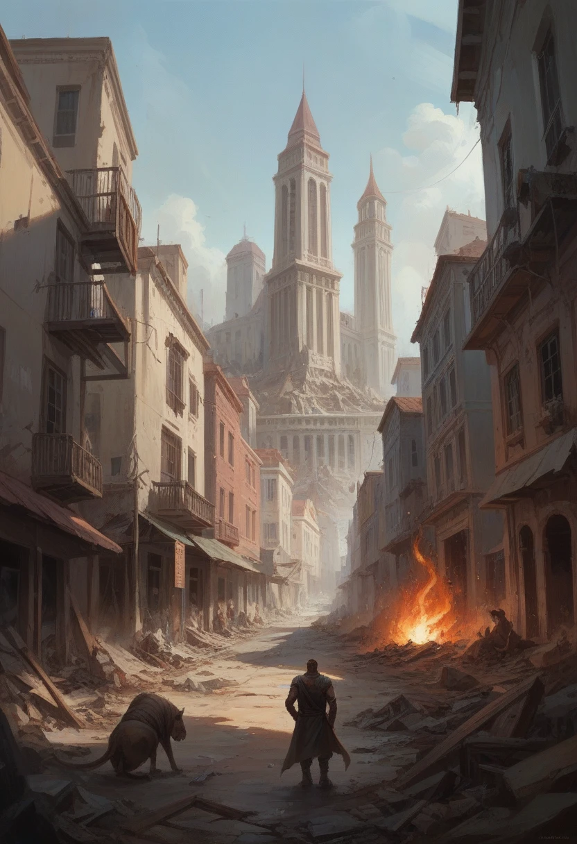 Immoral An image of Sodom and Gomorrah in flames, with Lot and his family fleeing in the foreground. The scene must show the destruction and the contrast between the decay of the cities and the justice of Lot and his family.
