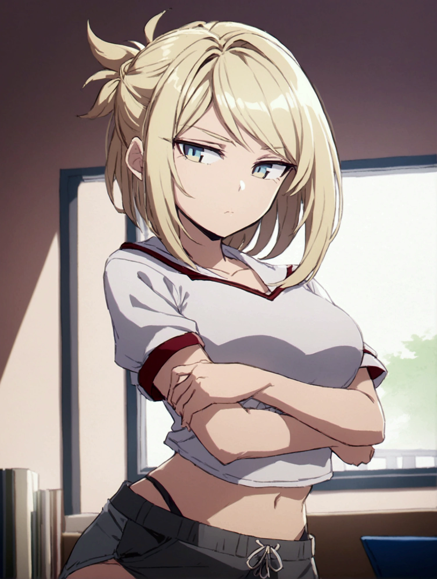 ((masterpiece)), (detailed), anime tan woman wearing a v-neck button-up Collar shirt, (bare shoulders), (bare arms), (skirt), (long hair), starving, (resting hands on the stomach), (hands on the stomach)