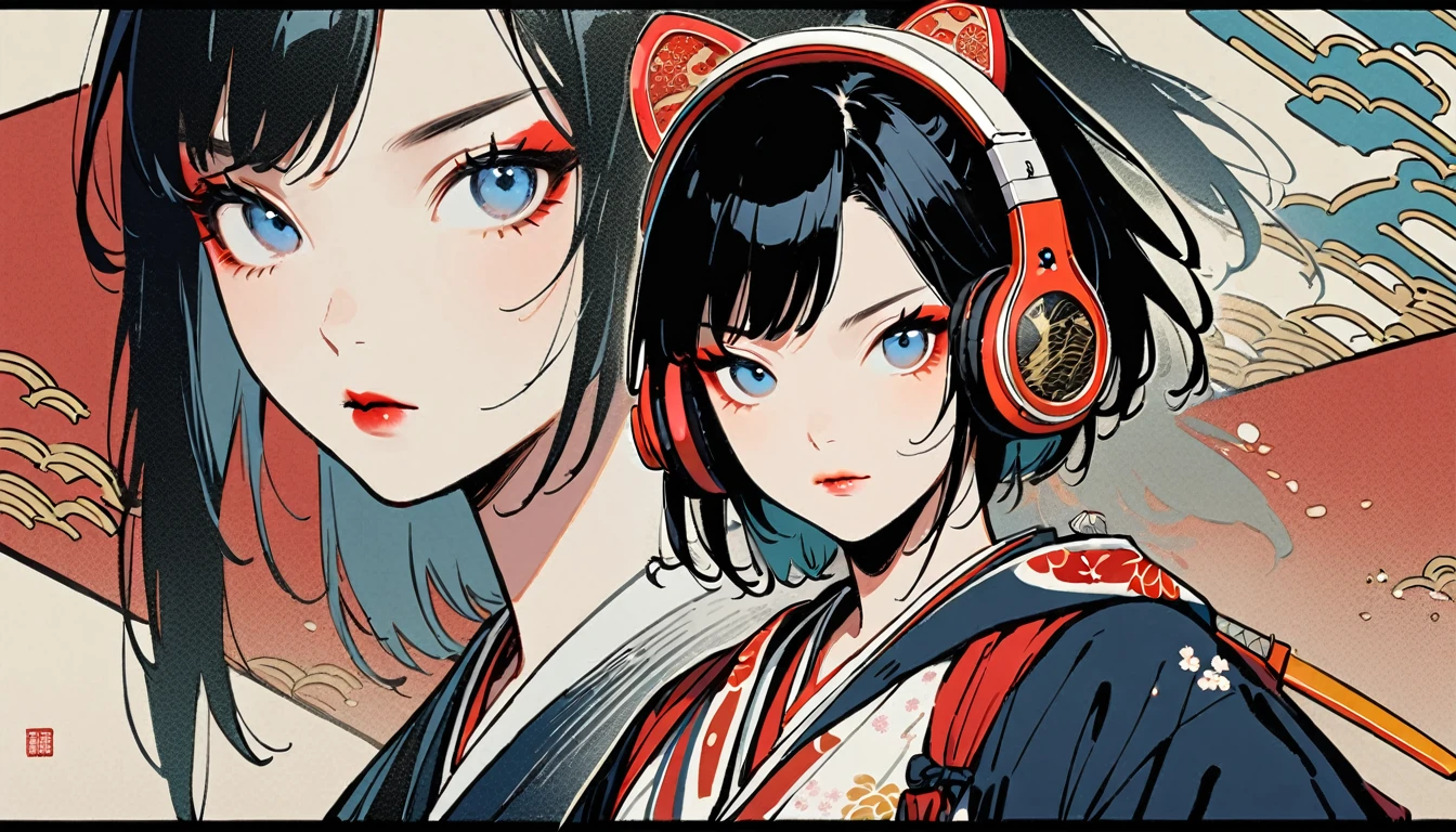 (((1 girl))), (((Flashy makeup))), (((Japanese style headphones))), (((Japanese pattern hoodie))), (((Japanese sword))), (((Female samurai))), Japanese beautiful girl, Black Hair, Delicate and precise, Modern ukiyo-e style, Japanese flag, Fujiyama