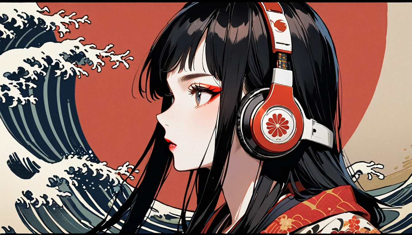 (((1 girl))), (((Flashy makeup))), (((Japanese style headphones))), (((Japanese pattern hoodie))), (((Japanese sword))), (((Female samurai))), Japanese beautiful girl, Black Hair, Delicate and precise, Modern ukiyo-e style, Japanese flag, Fujiyama