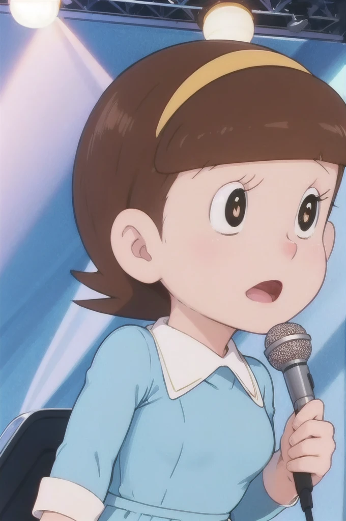 a beautiful idol girl hoshinosumire singing on stage, 1980s retro art style, 1990s style, detailed facial features, long eyelashes, detailed dress, cute expression, audience watching, best quality, 4K, 8k, highres, masterpiece, ultra-detailed, realistic, photorealistic, vivid colors, studio lighting, sharp focus, physically-based rendering, Full body images, Singing without a microphone,5 heads and a good figure, Make your breasts a little bigger,Expressions full of sexual pleasure,In a sexy outfit that shows off her bust more