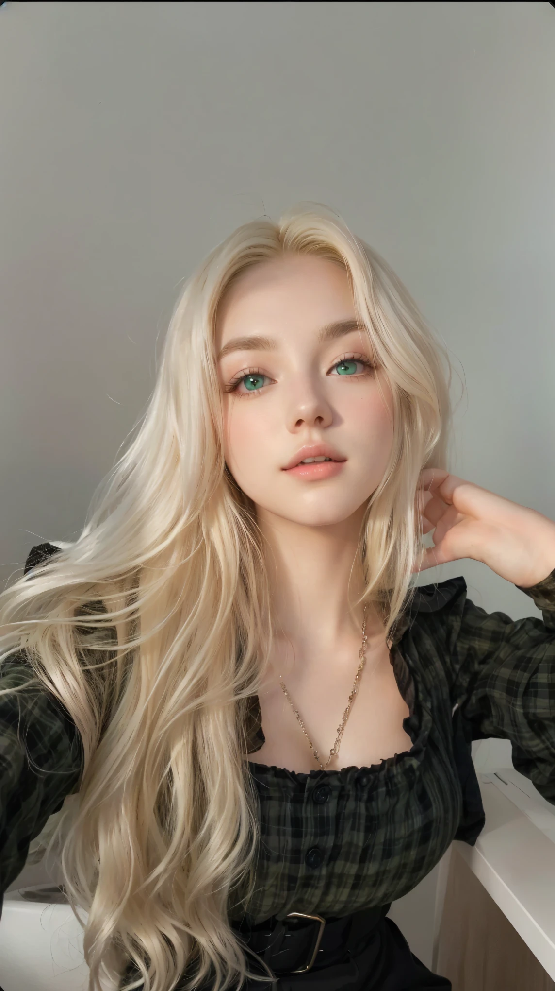blonde woman with long hair and a green plaid shirt posing for a photo, perfect white haired girl, light hair, ava max, extremely light blonde hair, fair skin curly blonde hair, very light blonde hair, portrait of kim petras,  with white hair, Long white hair and bangs, with white long hair, long blonde hair and big eyes