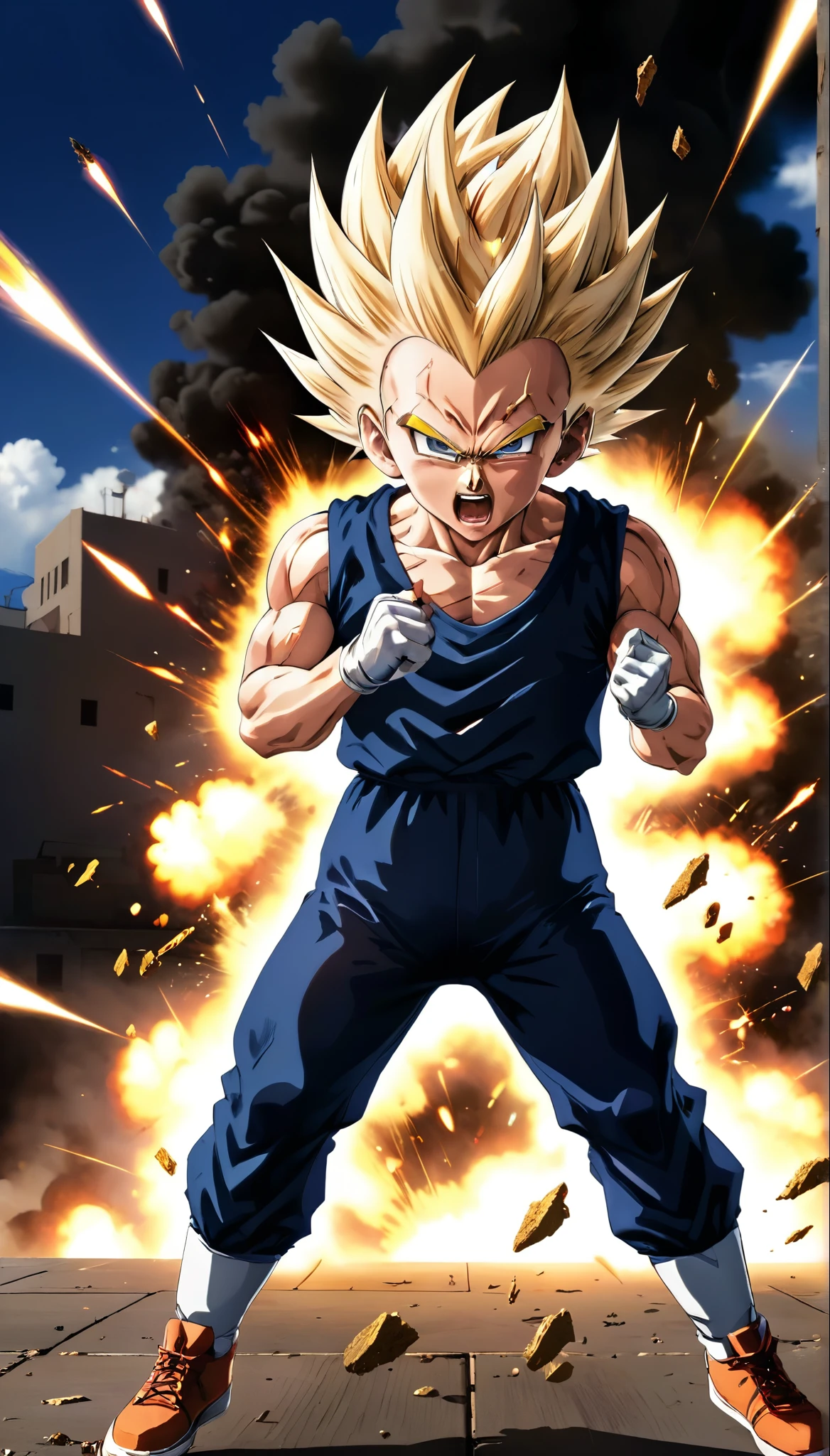 score_9, sauce_anime, score_8_superior, score_7_superior, Detailed Background, One boy, alone, , explosion, 背景のexplosion, Dramatic lighting, explosion照明,  Majin Dramatic lighting, Dynamic pose, Dynamic configuration, Action Scenes, Action pose, anger, High resolution, 