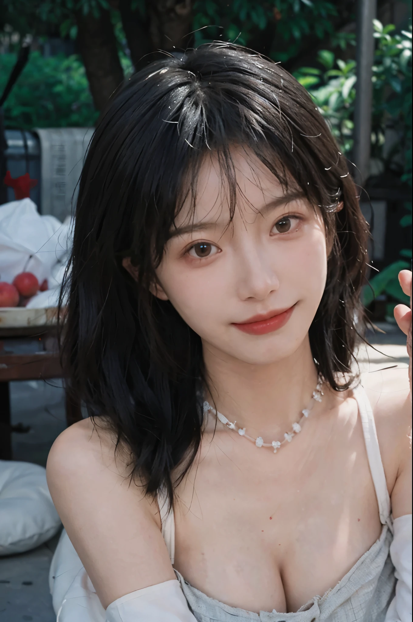 best qualtiy, Ultra-high resolution, (realisticlying:1.4),cute hairpin,Baoyu Girl,European style apartment,(flatchest:1.2) ,A pair of clear and moving peach blossom eyes,Royal Sister,sunshine on face,Big waves,(ln the forest:1.4),(choker necklace:1.2),(Fair skin:1.4),a sense of atmosphere,a beauty girl, ssmile,head straight-looking at viewer, closeup cleavage ,(Photorealistic:1.4),1girll,sexly,(Upper body:1.4),(Wet body),(:1.2)