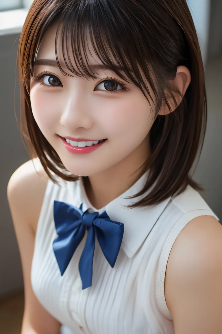 Highest quality, (beautiful)、Brown Hair、Bowtie、Close-up、smile、Big 、Shoot from above、vaginal sex,