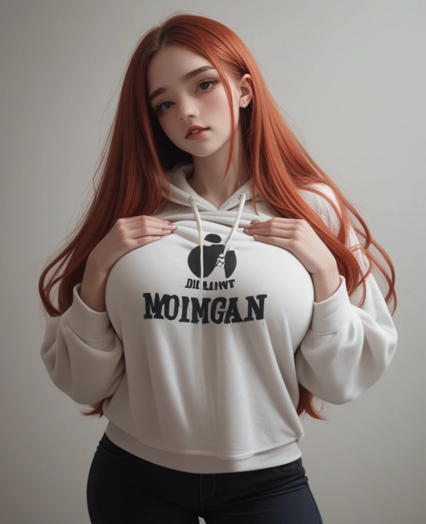 a girl with red hair and she has giant giant giant giant giant giant giant giant giant giant giant giant giant giant giant giant giant giant giant giant tits she is wearing a white long sweatshirt with her hand on her chest at home

