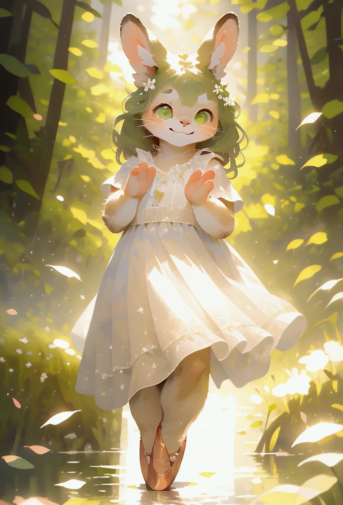 a cute little rabbit waving and smiling, white dress, emerald eyes, ballet shoes, ultra-detailed, (best quality,4k,8k,highres,masterpiece:1.2),ultra-detailed,(realistic,photorealistic,photo-realistic:1.37),adorable,soft lighting,highly detailed face,delicate features,whimsical,charming,pastoral