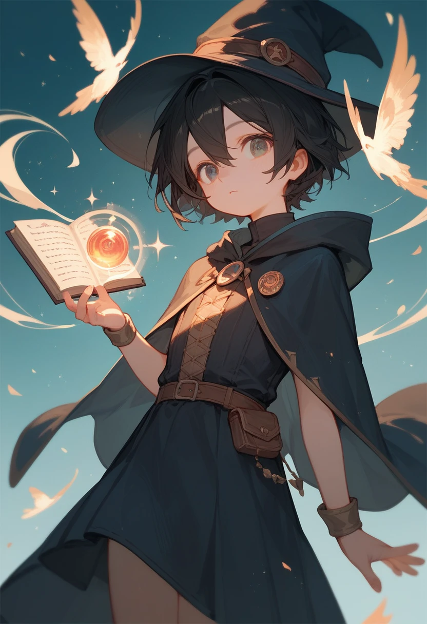 (Score_9,Score_8_up,Score_7_up), masterpiece, anime, cute young boy, trap, wizard, magic, portait, solo, short hair, hair_between_eyes, complex background, black hair