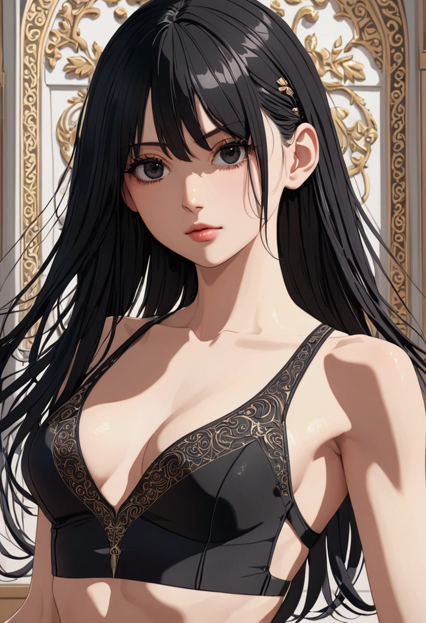 A young woman with long black hair, black eyes, slender and athletic built, detailed body, detailed eyes, masterpiece, best quality, aesthetic, ultra-detailed, ultra-sharp, 4k