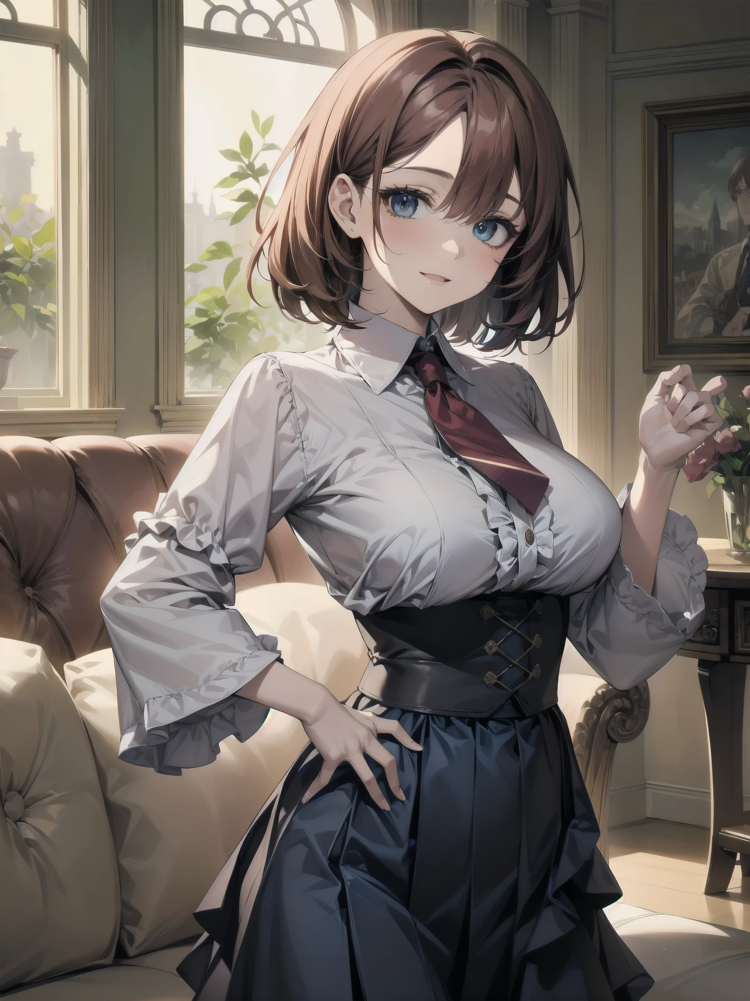 Scene Description: - Composition: Portrait. Focus on the face. Shot from the front. - Subject: Cute girl. (Chibi:1.1). Real person. - Features: - Face: (Cute round face:1.2). - Eyes: Detailed dark blue eyes. - Hair: One-leg bob-cut hair down the front with a large ribbon hairpiece, (golden hair), (red inner hair), auburn hair, hair between the eyes. - Body: Detailed slender body. Large breasts. - Clothing: Pink ruffled blouse, flares, blue ribbon tie, long ruffled sleeves, layered skirt. - Expression: happy expression. Mouth open. - Pose: head tilted back. She is looking at the viewer. - Background: living room of a trendy café. - Elements: Houseplants. Cute pastel sofa. Cute pastel curtains. Cute pastel-colored wallpaper. Time: Daytime. Lighting: (Natural light: 1.4). Art Style: Watercolor. Traditional media. Quality: Intricate details. Highly detailed. Outstanding complexity. (Masterpiece: 1.2). (Highest quality: 1.2). (Absurd absolute resolution: 1.4). Mood: Calm,