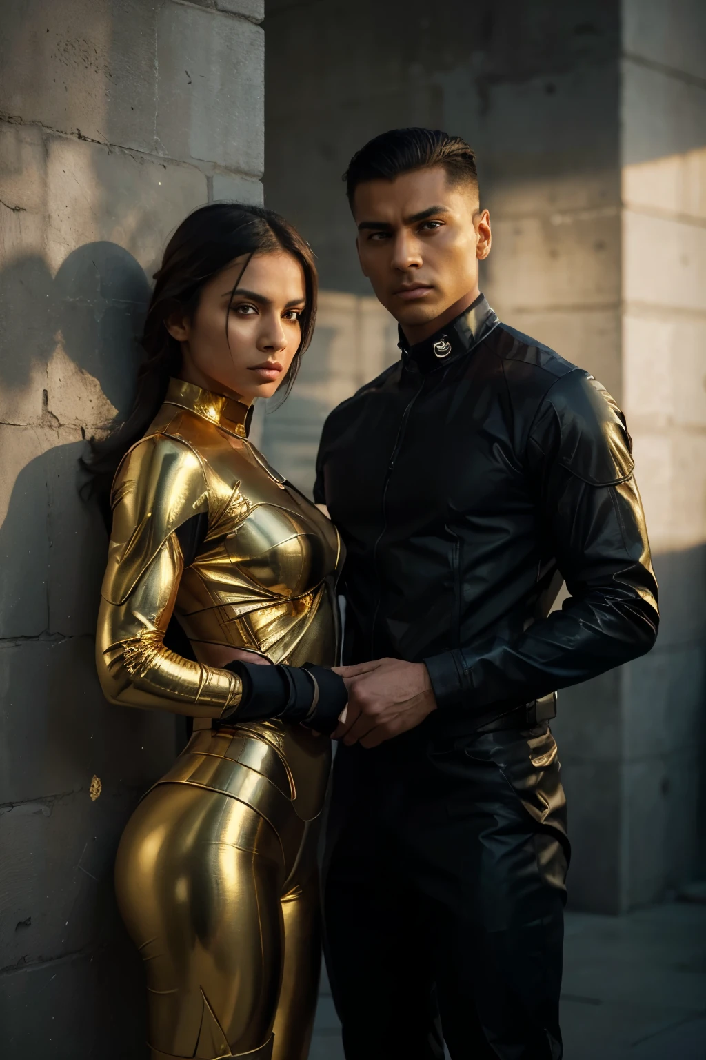 (Best quality, Ultra detailed, Golden ratio, Masterpiece:1.2), Dramatic theatrical lighting:0.7, Photo of two Indian Raw Agents, clad in sleek and tactical outfits, Intense expressions, (Highly detailed skin), Short-cropped, slick-backed hair, Sharp focus on angular features, Eyes filled with determination and focus, Tense jawlines, Photorealistic, Film grain, One agent leaning against a wall, Looking over his shoulder with a calculated gaze, The other agent standing in the foreground, Legs apart, Hands on hips, Eye contact with the viewer, Emphasis on their powerful and disciplined