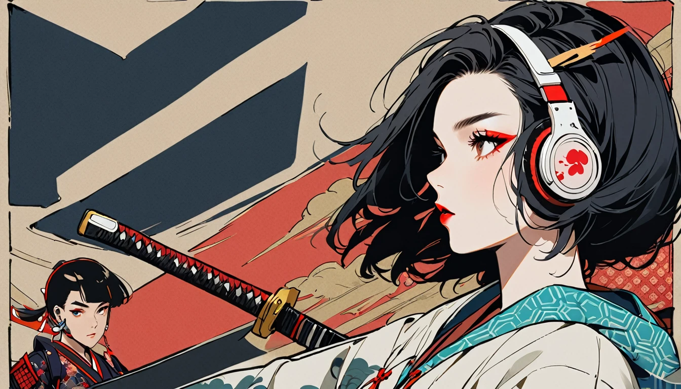 (((1 girl))), (((Flashy makeup))), (((Japanese style headphones))), (((Japanese pattern hoodie))), (((Japanese sword))), (((Female samurai))), Japanese beautiful girl, Black Hair, Delicate and precise, Modern ukiyo-e style, Japanese flag, vivid color