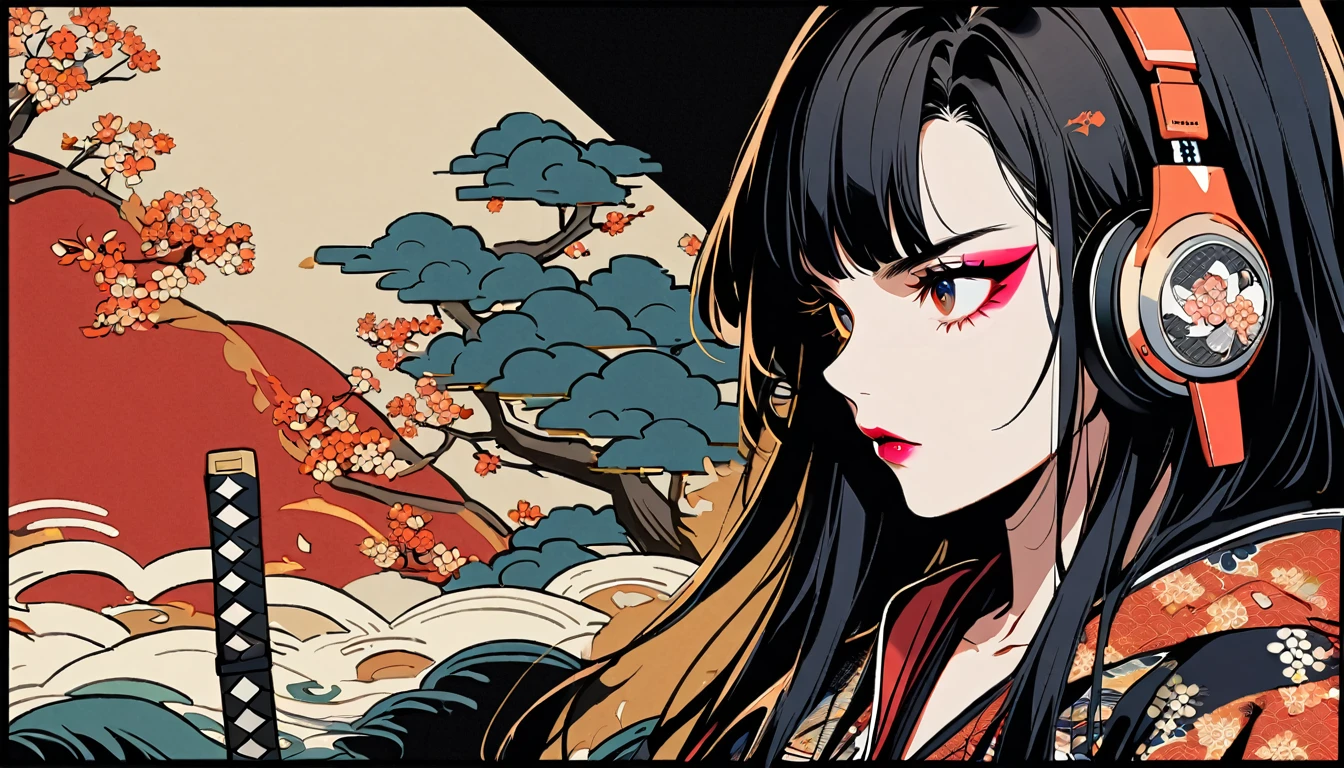 (((1 girl))), (((Flashy makeup))), (((Japanese style headphones))), (((Japanese pattern hoodie))), (((Japanese sword))), (((Female samurai))), Japanese beautiful girl, Black Hair, Delicate and precise, Modern ukiyo-e style, Japanese flag, vivid color