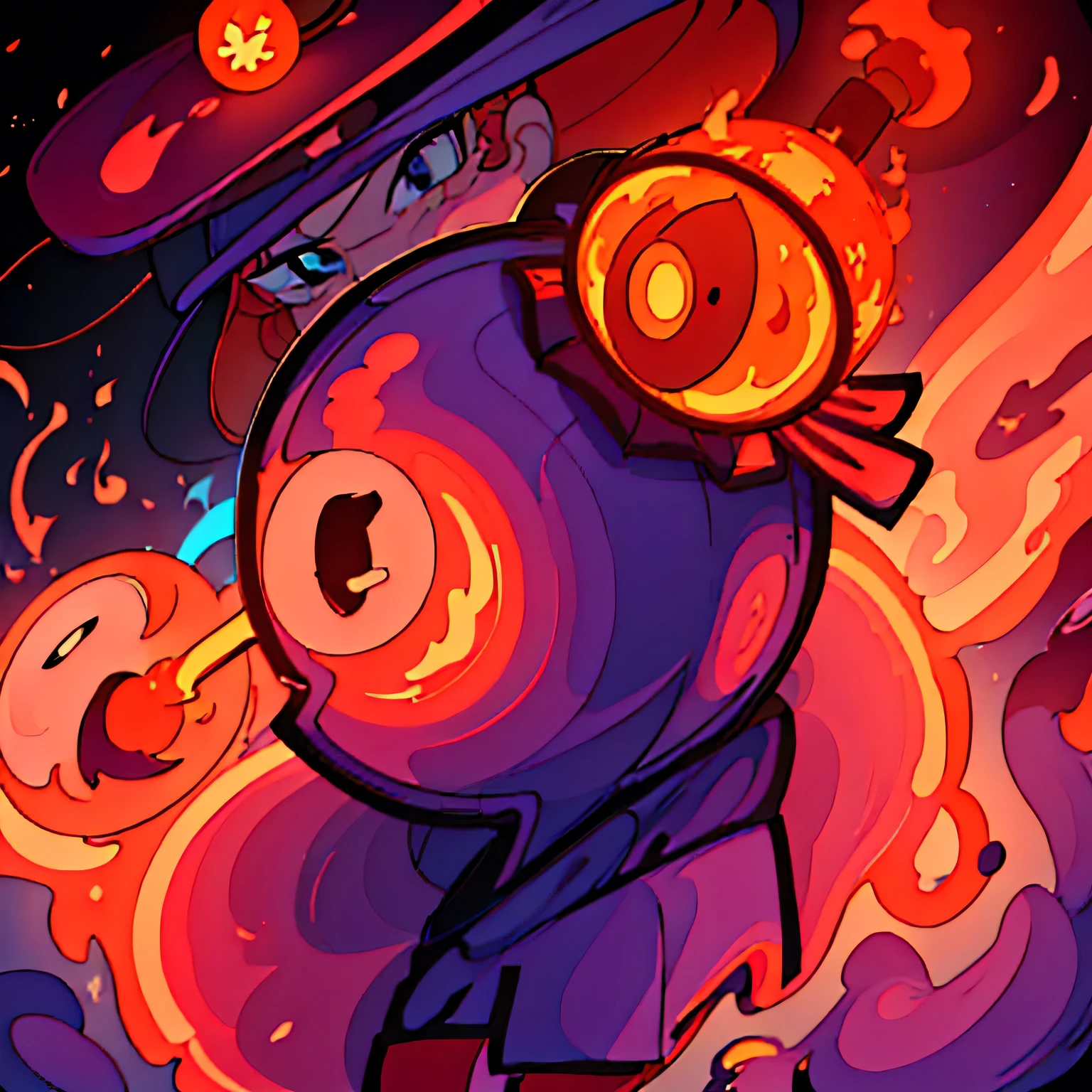 cartoon image of a man with a hat and a fire, inspired in super bomberman, absurdist wiggly blob in a dress, orange halo around her head, orange head, blazing infero, glowing head, glowing peach face, bomberman, chibi, detailed glowing head, inspired by Kanbun Master, varguyart style, firey, burn