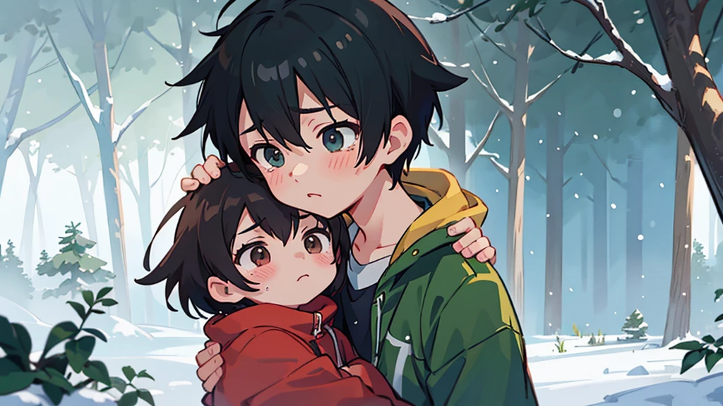 1 boy carrying 1 girl on his back, in a heavy snow storm, In a forest, in a hurry, an image of Makoto Shinkai, trend on pixiv, conceptual art, guweiz style artwork, Guweiz and Makoto Shinkai, Sakimichan and Makoto Shinkai, ( ( Makoto Shinkai ) ), sad anime scene. Kawaii Design, details of and face, large eyes, sad expression in the eyes (ultra quality 4k) (many details) (detailed) Closeup of their faces, tears