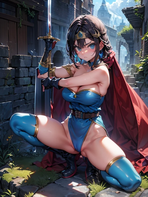  Furious,shout, (holding sword),(slashing:1.5), 　motion lines,　squatting, spread legs,
motion blur,
bouncing breasts, 
broken (dq3),Female Warrior,((Highest quality)), ((masterpiece)),(detailed),High resolution,Sharp focus,Perfect Face,{best illustration},(complete anatomy),
(非常にdetailed CG unity 8k wallpaper),(((Vibrant colors))),Official Art,dq3,One girl,short hair, 
shiny 肌,very shiny 肌,Shiny body,plastic glitter 肌,exaggerated shiny 肌,illuminated 肌,
((detailedなボディ)),(detailedな顔)), cute,Lewd,erotic,Bold,Camel Toe,(erection of nipple),
Muscular,Perfect Fingers,Beautiful fine details,Symmetrical eyes,
Brown Hair,blue eyes,Gold circlet with blue jewel,Big Breasts,Cleavage,pubic hair,
Strapless,Blue clothes,Purple Cape,Knee socks,gloves,boots,belt,sheath,肘用gloves, 革のboots, 革のbelt,
Remains,Rubble pile,weed,cracked cobblestone,Mossy wall,Waterway,Plants are overgrown,
 