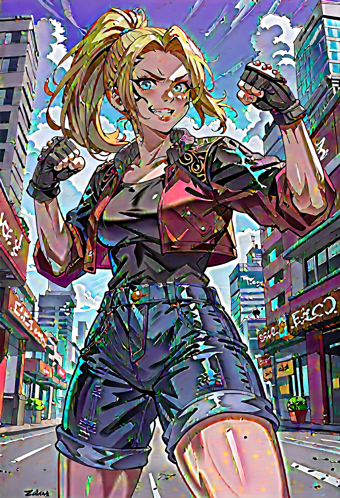 score_9, score_8_up, score_7_up, 1girl, solo, (female:1.5), female focus, female body, solo, zell, solo, blue eyes, gloves, jacket, blonde hair, long hair, medium ponytail, tattoo, gloves, facial tattoo, red jacket, black jacket, two-colours jacket, black shirt, fingerless gloves, shorts denim, standing, grin, fighting pose, looking at you, city,