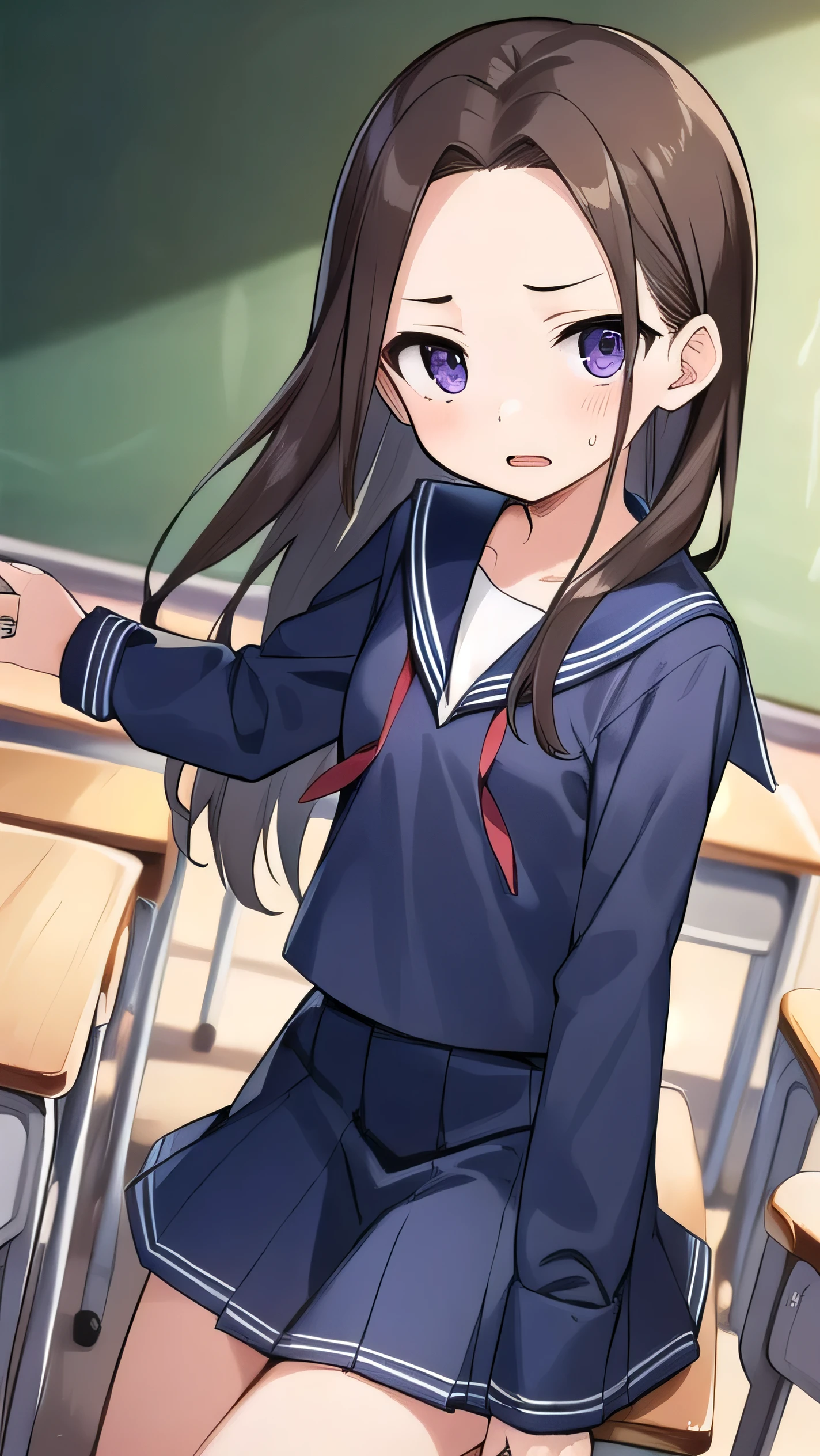 Brown hair, long hair, purple eyes, very short bangs, wide forehead, classroom, middle school student, middle school student, flat chest , short, narrow eyes, hanging eyes, forehead, straight hair, anger,, (Navy blue sailor uniform:1.2), long sleeves, red ribbon, navy blue skirt,