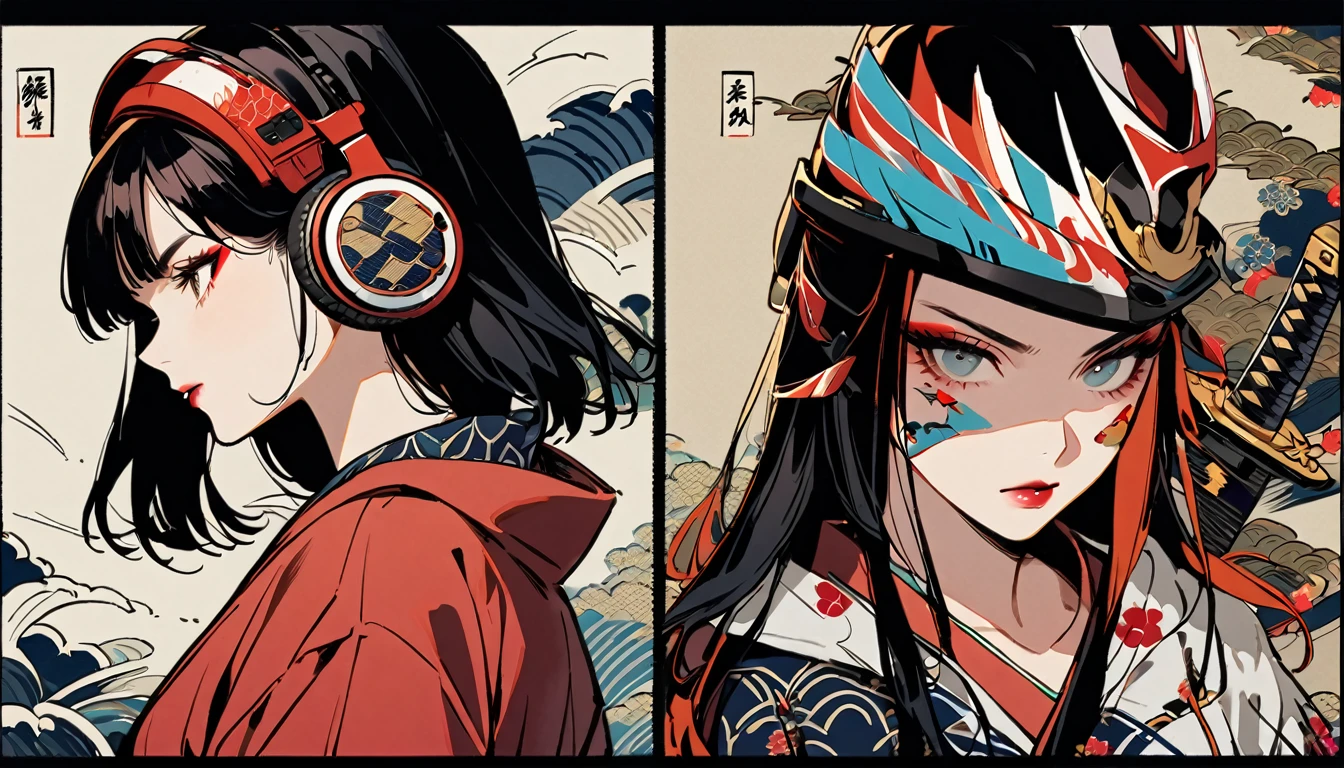 (((1 girl))), (((Flashy makeup))), (((Japanese style headphones))), (((Japanese pattern hoodie))), (((Japanese sword))), (((Female samurai))), Japanese beautiful girl, Black Hair, Delicate and precise, Modern ukiyo-e style, Japanese flag, battle mode