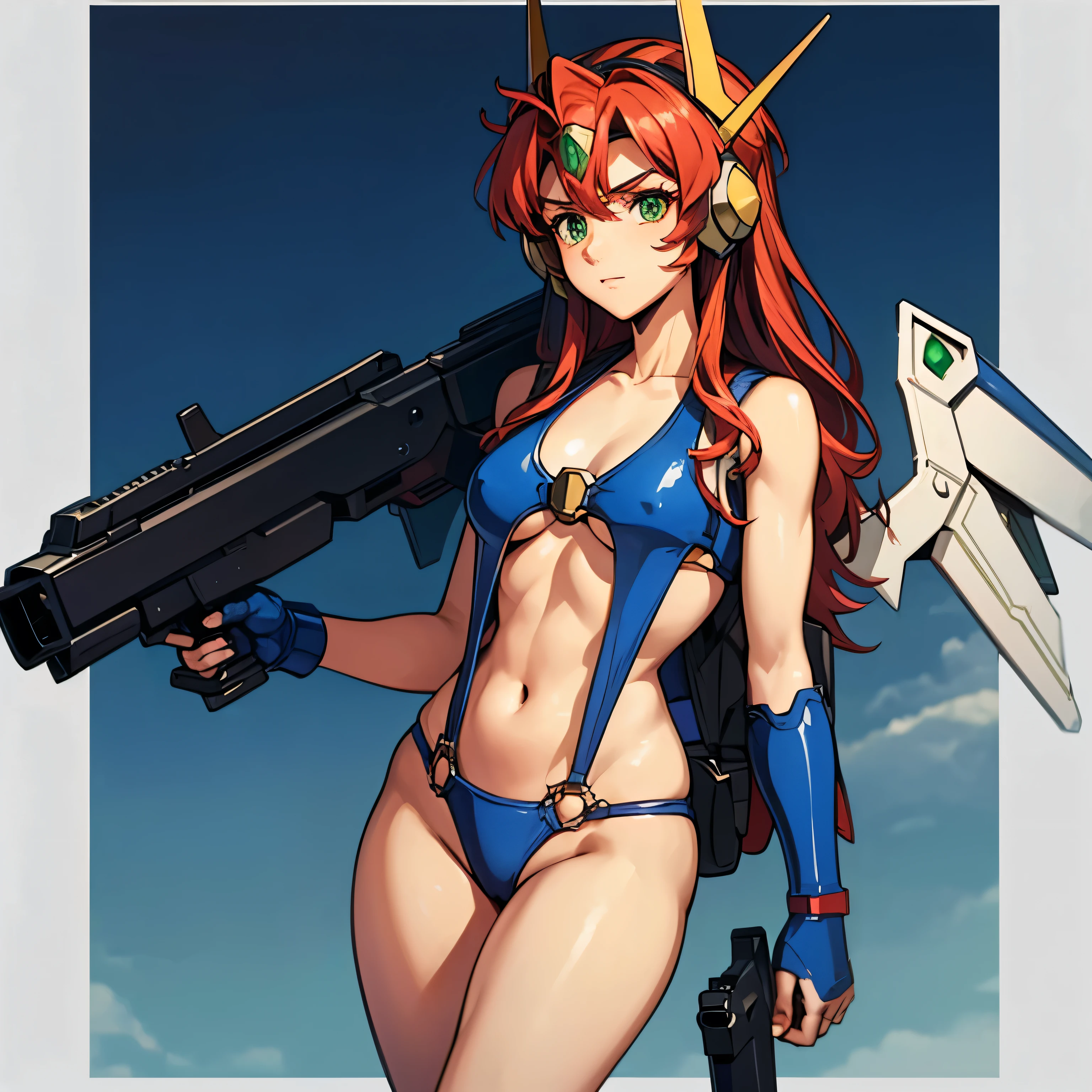 Imperial Guard Combat Uniform Swimsuit, o-ring bikini, v gundam, swimsuit, absurdres, highres, solo, cowboy shot, 1girl, neneka nibrou \(cosplay\), wristband, headphone, holster, backpack, holding gun, aiming, perfect hands, wind, (highres,best_quality,masterpiece), medium breast, hair ornament, valsione r, long hair, red hair, green eyes, medium breasts, mecha musume, mechanical parts, mecha armor, shoulder plates, robot, mechnical wings
