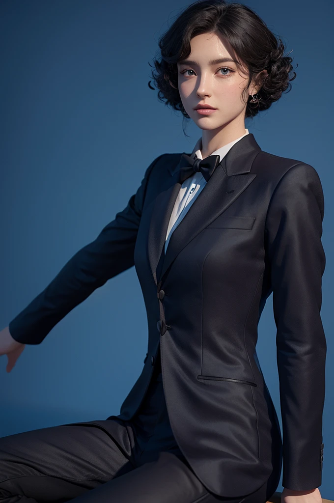 An avatar, blacksad, fine strokes, curls, eyes browns, animation style, 3d, formal outfit, blue background.