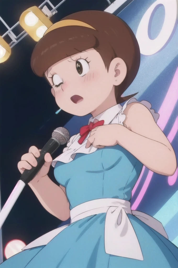 a beautiful idol girl hoshinosumire singing on stage, 1980s retro art style, 1990s style, detailed facial features, long eyelashes, detailed dress, cute expression, audience watching, best quality, 4K, 8k, highres, masterpiece, ultra-detailed, realistic, photorealistic, vivid colors, studio lighting, sharp focus, physically-based rendering, Full body images, Singing without a microphone,5 heads and a good figure, Make your breasts a little bigger,More sexually pleasurable expressions,In a sexy adult outfit that shows off her bust more