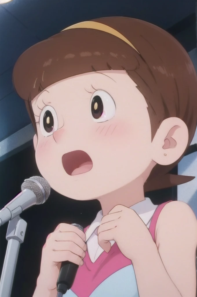 a beautiful idol girl hoshinosumire singing on stage, 1980s retro art style, 1990s style, detailed facial features, long eyelashes, detailed dress, cute expression, audience watching, best quality, 4K, 8k, highres, masterpiece, ultra-detailed, realistic, photorealistic, vivid colors, studio lighting, sharp focus, physically-based rendering, Full body images, Singing without a microphone,5 heads and a good figure, Make your breasts a little bigger,More sexually pleasurable expressions,In a sexy adult outfit that shows off her bust more