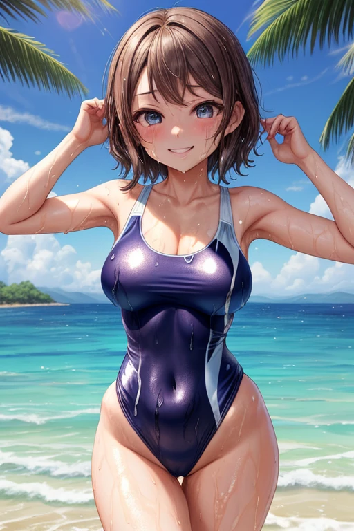 (Masterpiece)), 8k wallpaper,solo, Watanabe you, ass,wet, smile, detailed eyes, perfect eyes, wearing only a basic swimsuit and pumps,
The shoulder area of the swimsuit is a tank top type without decoration,
The waist of the swimsuit is a high-cut leotard type
The surface of the swimsuit is slippery, standing, energetic pose.