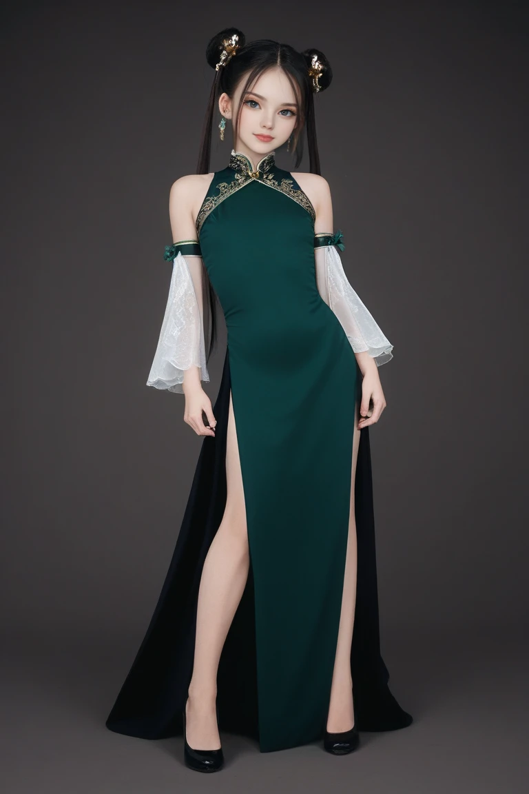 realistic photo,full body shot,a chinese girl,biyao,1girl,solo,dress,twintails,black hair,hair ornament,long hair,Emerald,jewelry,clothing cutout,green dress,hair bun,earrings,shoulder cutout,double bun,black hair, brown hair, hair ornament, long hair, twintails, hair rings, hair bun, blue eyes,zhuxianbiyao,hanfu,