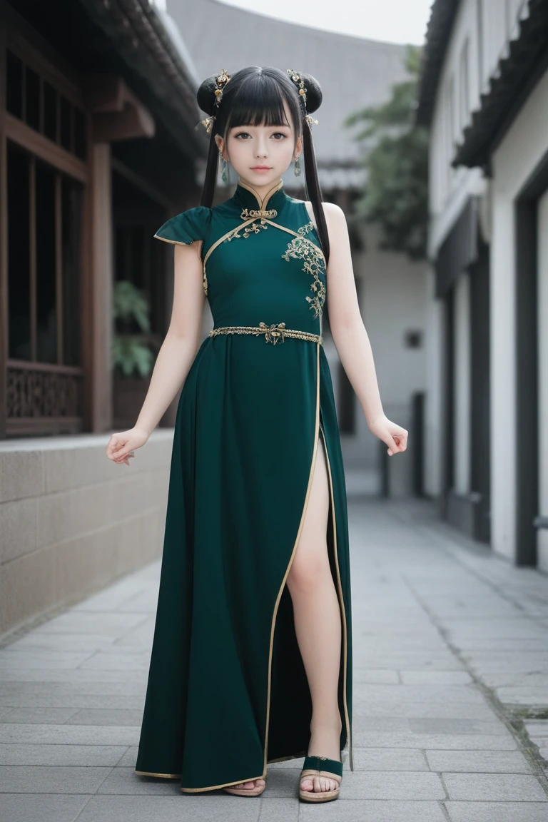 realistic photo,full body shot,a chinese girl,biyao,1girl,solo,dress,twintails,black hair,hair ornament,long hair,Emerald,jewelry,clothing cutout,green dress,hair bun,earrings,shoulder cutout,double bun,black hair, brown hair, hair ornament, long hair, twintails, hair rings, hair bun, blue eyes,zhuxianbiyao,hanfu,