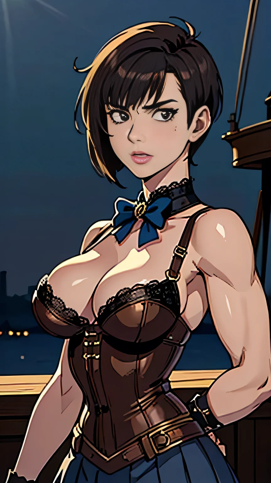 photo of mlp Meowko, RAW, beautiful woman, ((portrait)), ((detailed face:1.2)), ((anime face, anime facial feature, clear skin, glossy anime lips, clear skin), (short messy lesbian haircut, brunette: 1.55), (perfect proportioned body, Strong, muscular, narrow waist, narrow hips, skinny, large breasts), revealing clothes, (wearing steampunk outfit with lace, leather corset, ornamental copper parts, portrait, pleated skirt), (left hand in hair:1.1), (high detailed steampunk ship, on the bow of a pirate ship), (realistic photo, best quality, detailed), (8k wallpaper), (cinematic lighting, beautiful light, (night:1.3)) (sharp focus, intricate)