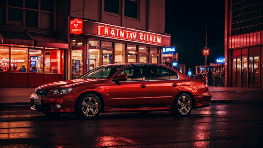 best quality, 8k, shiny skin, high resolution, red car on street at night, under neon light, sharp focus