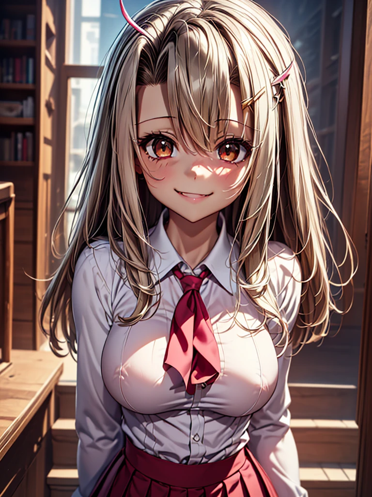 great quality ++ Extremely detailed high resolusionolution, (((very aesthetic))), expressive eyes, (((perfect face))), (((((face symmetrical))))), ((((perfect face)))), (((((good ))))), (((perfect hands))), (((8k)))), UHD, HD wallpaper, (((high detailed calidra, (((((1girl)))))), only, ((((Masterpiece)))), ((((Best quality))))), ((((high resolution)))), Highly detailed, (illustration), beautiful detailed eyes, (((combatant))), (((1girl)))), (((((illyasviel von einzbern))))), (((brown eyes))), (((black hair))), (((long hair))), (((dark skin))), (((dark-skinned female))), (((tan))), (((tanlines))), (((hairclip))), (((white shirt))), (((collared shirt))), (((pleated skirt))), ((((fang)))), (((asymmetrical body))), (((asymmetrical hair))), (((asymmetrical clothes))), (((adult body))), (((milfication))), (((mature female))), ((((())))), ((((Blurred smile)))),
