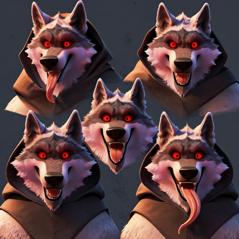Looking at viewer, Open Mouth, Tongue Out, Long Tongue, Red Eyes, Wolf Ears, Anatomically Correct, Wide-Eyed, Seductive Smile, Raised Eyebrow, Glowing Eyes, Oral Invitation, Simple background, Multiple Views, Close-Up, Character Sheet Full-Length, Hood Down, Character Design, Illustration, High Resolution, Super Detailed, Textured Skin
