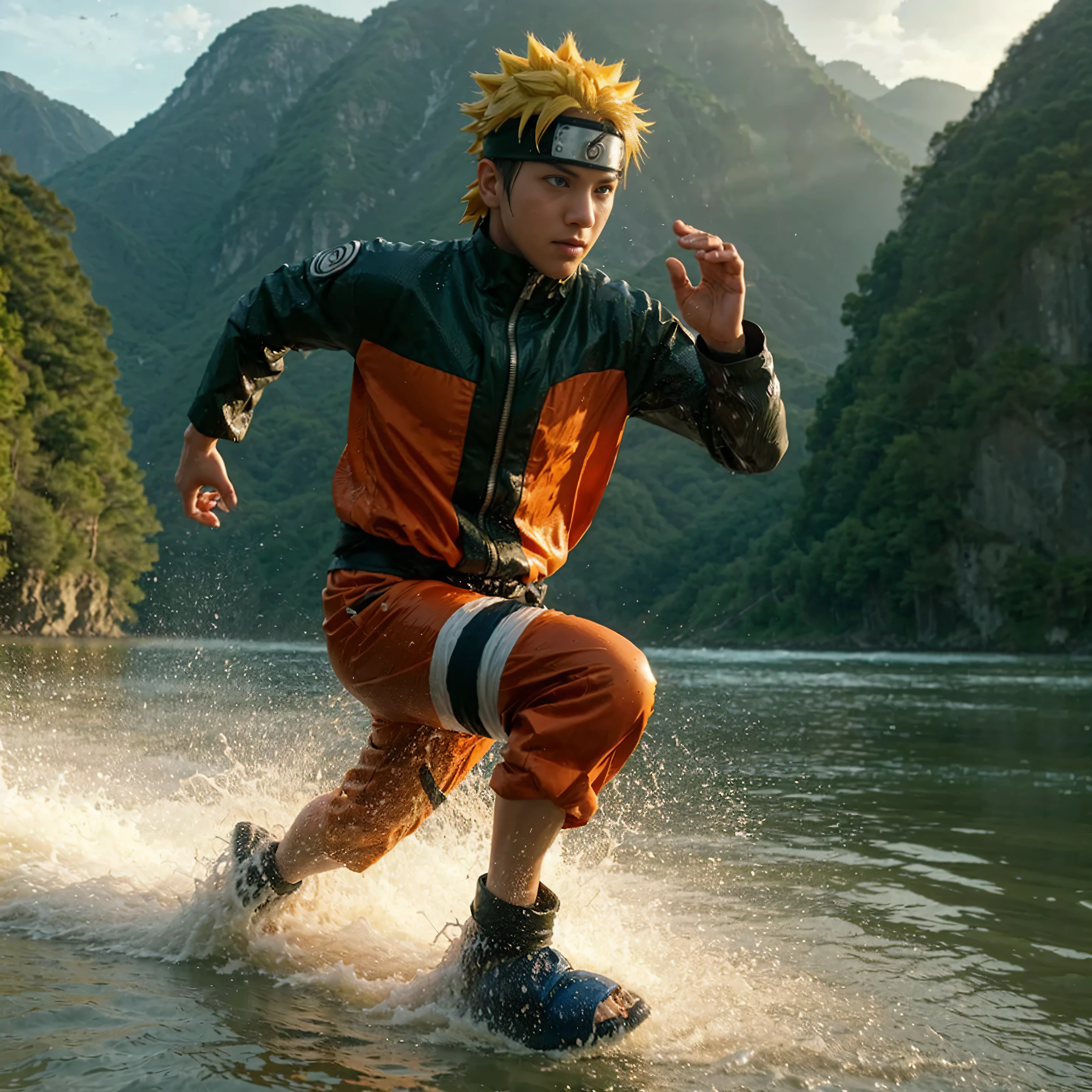 Naruto running on the water's surface at high speed, with a background of towering green mountains. Dynamic water splashes and small waves following his steps, with the afternoon sun casting shadows and warm light around Naruto."detailede face, detaed, eye, face detailed, 4k, cinematic, realistic,