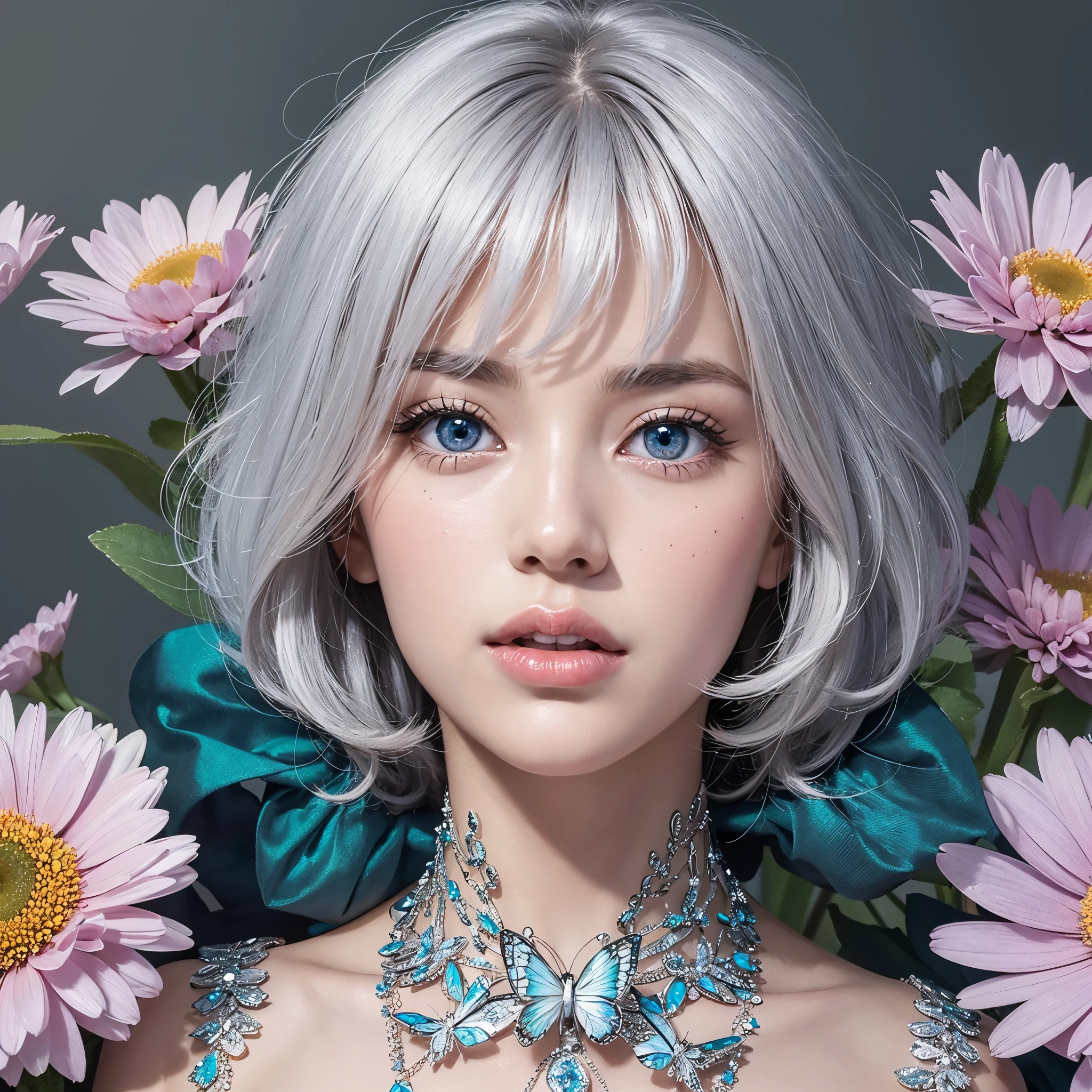 (RAW photo, best quality, masterpiece: 1.2), (photorealistic: 1.4), best lighting, 20 years old, (light blue eyes, light gray hair, short bob cut, hair in 7 thirds, hair over one ear, :1.3), (Symmetrical eyes, solo, Detailed Skin:1.2), looking at viewer, (light gray hair, ((Close-up of face, colorful gerberas around face, small butterfly perched, beautiful lips)),:1.25)