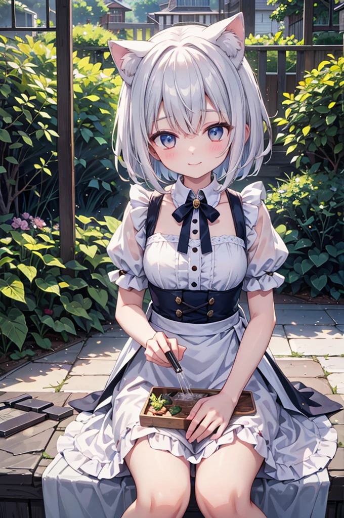 anime style, super fine illustration, highly detailed, dynamic angle, beautiful detailed, 8k, Summer afternoon in the garden, BREAK A girl smiles as it puts on of a box on table. BREAK A shower of sprinklers pours down. BREAK A rainbow appears in the sky.BREAK maid,white cat years,girl,short hair,I notice you