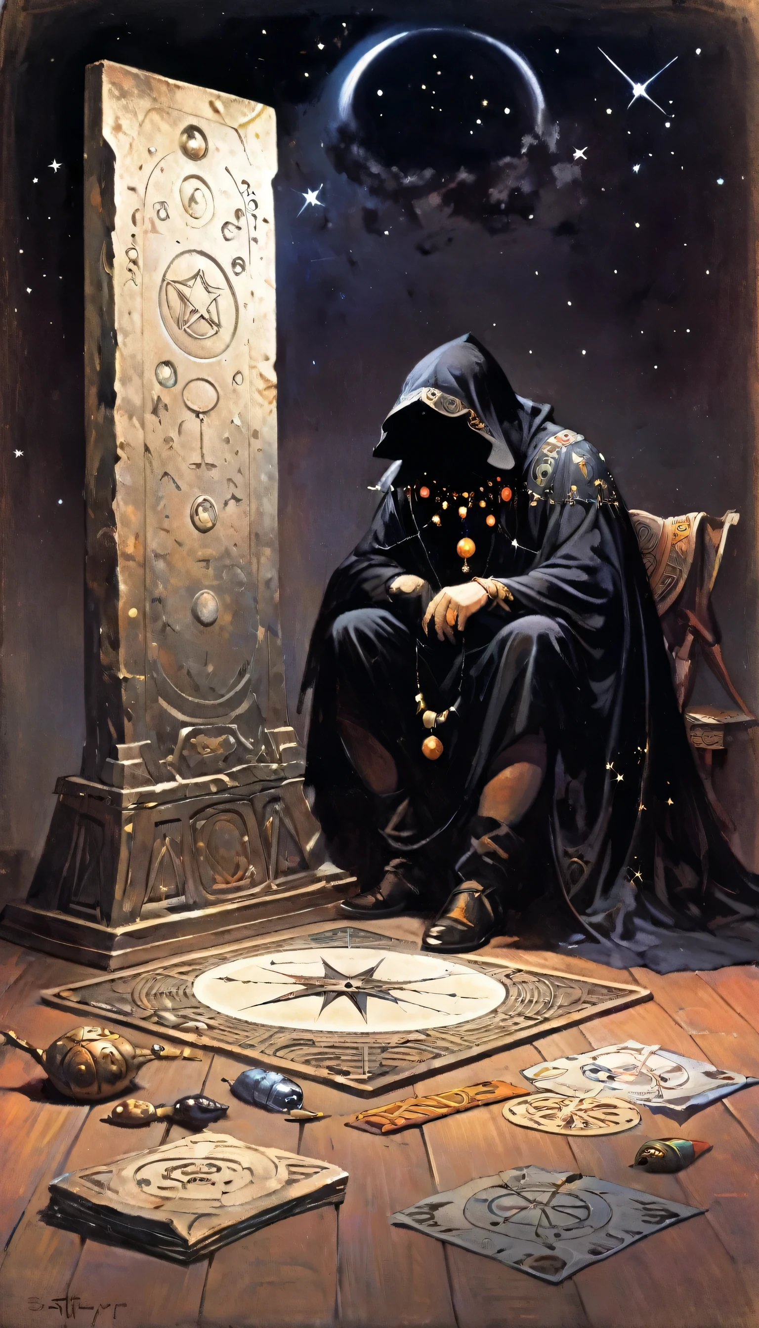 best qualityer, very well, 16K, 2.5D, delicate and dynamic representation, dark astrologer, wearing a heated cloak and only the shadow of his face is visible, sit on the floor and start reading fortunes, dimly lit room filled with a large number of astrological tools, mysteriously bright horoscope, moonligh, floor, stele, constellations, mysteriously sinister effects