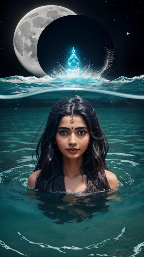Creat Bholenath animated picture into the sea floating river from head with thin moon shape.