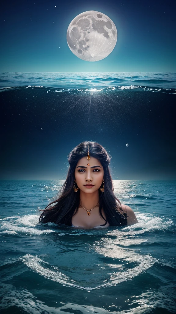 Creat Bholenath animated picture into the sea floating river from head with thin moon shape.