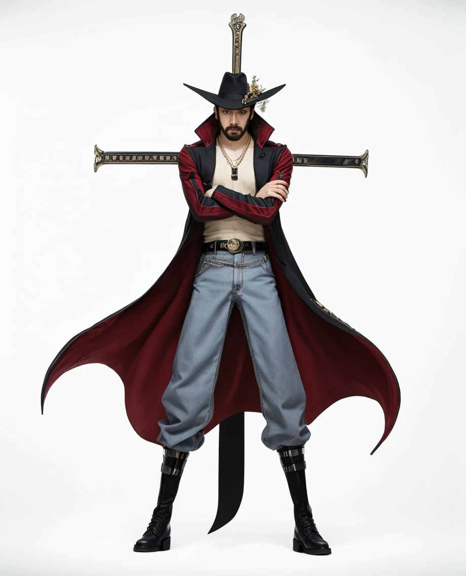 man use black round hat, red long sleeve, white long pants, black shoes, big black sword with cross, red cape, cross necklace