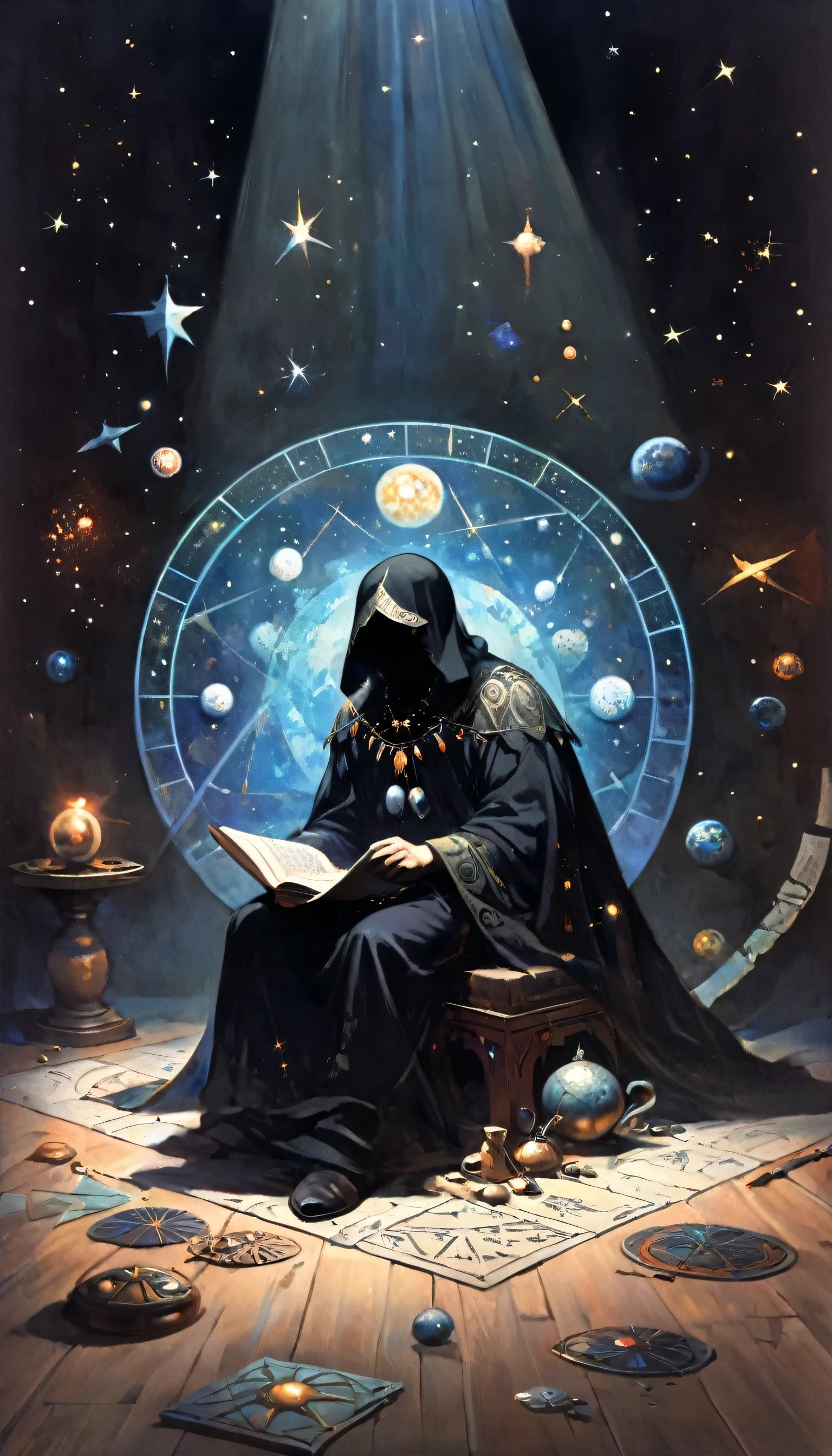 best qualityer, very well, 16K, 2.5D, delicate and dynamic representation, dark astrologer, wearing a heated cloak and only the shadow of his face is visible, sit on the floor and start reading fortunes, dimly lit room filled with a large number of astrological tools, mysteriously bright horoscope, moonligh, floor, stele, constellations, mysteriously sinister effects