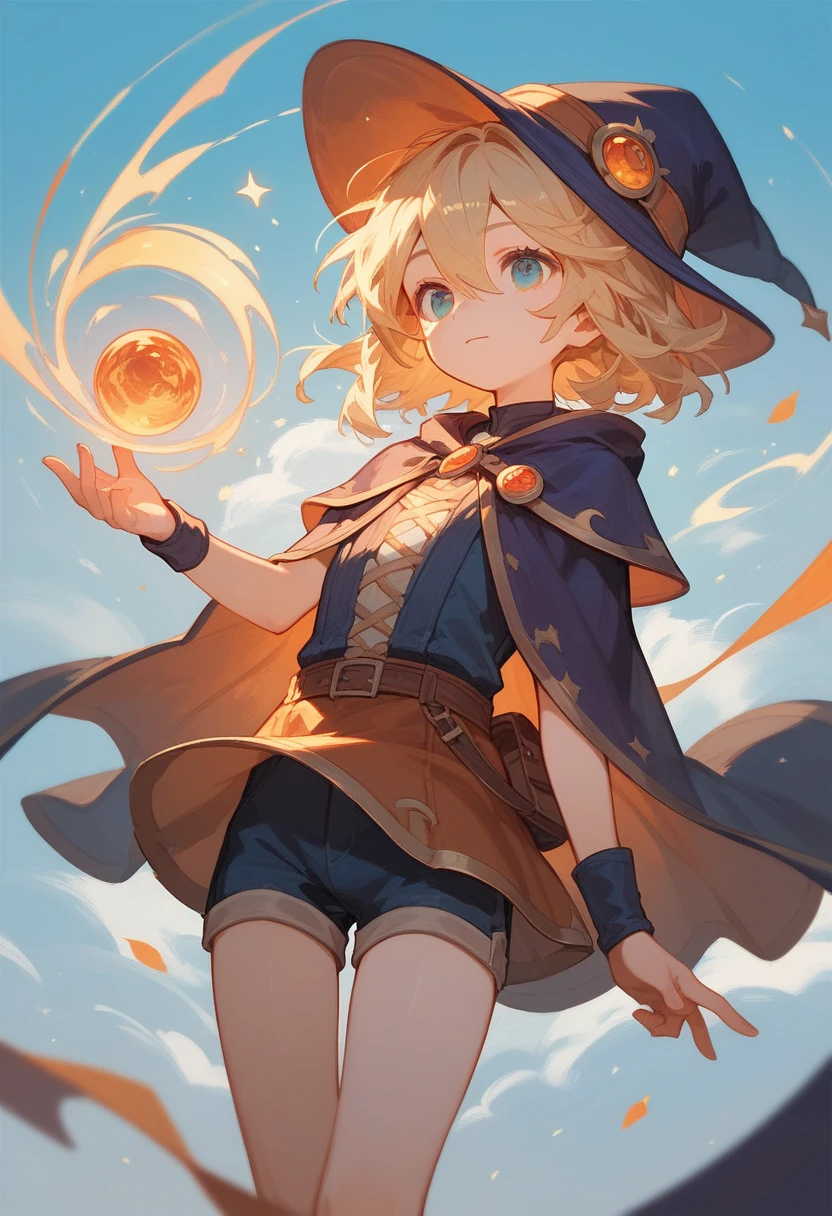 (Score_9,Score_8_up,Score_7_up), masterpiece, anime, cute young boy, trap, wizard, magic, shorts, portait, solo, medium hair, hair_between_eyes, complex background, blond hair
