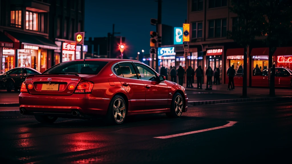 best quality, 8k, shiny skin, high resolution, red car on street at night, under neon light, sharp focus