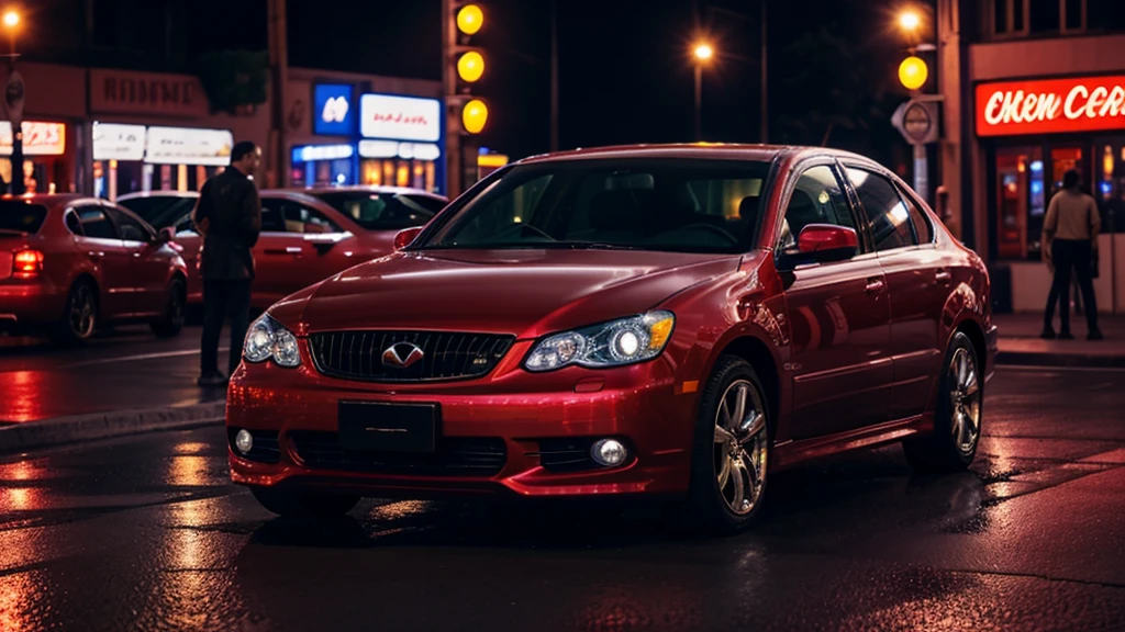 best quality, 8k, shiny skin, high resolution, red car on street at night, under neon light, sharp focus
