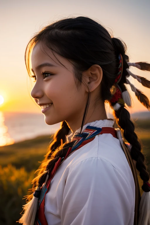 One girl, High resolution, smile, profile, Native American, Traditional attire, sunset