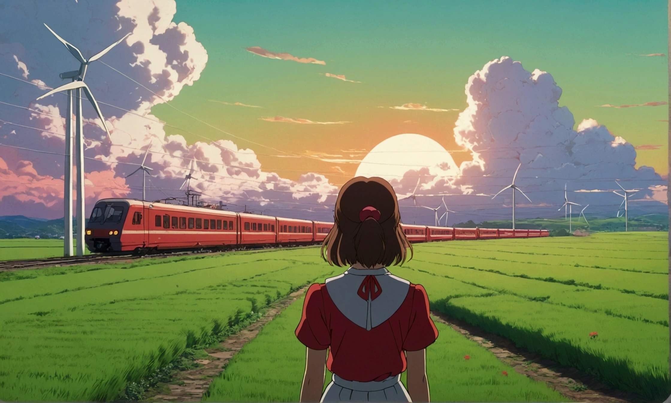 Ultra-high resolution,80s aesthetic anime ,outline,Studio Ghibli,Green Field,Wind-power generation,Red train,countryside, A girl watching a train from afar,Turn your back on the viewer,White cloud,Anime Bloom Effect,Soft lighting,CG particle effects 4K resolution
