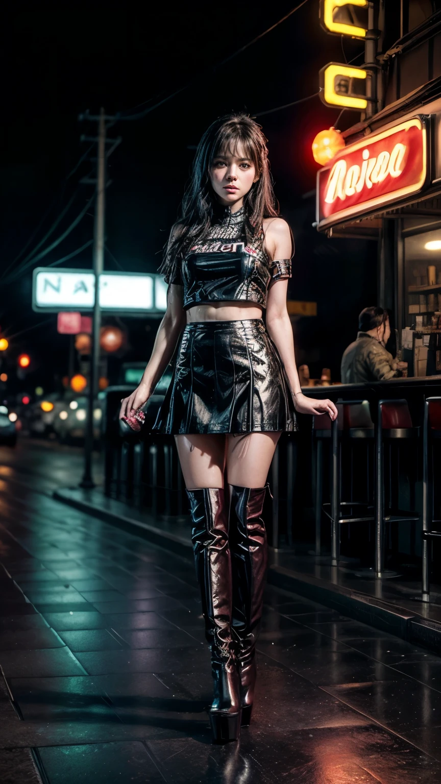 ((Red over-the-knee stiletto platform boots))