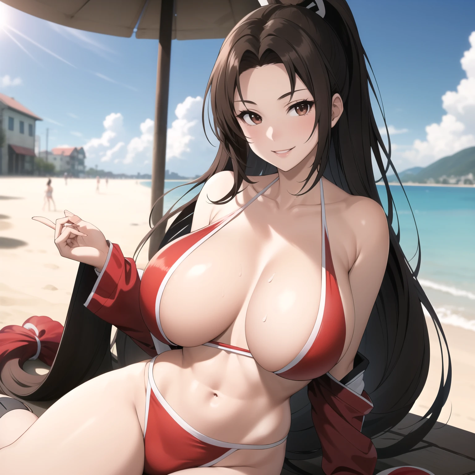 Mai Shiranui- woman 25 years old , Brown hair. big breasts, smile flirtatious, ninja low cut clothes, background a town. fondo una playa soleada.